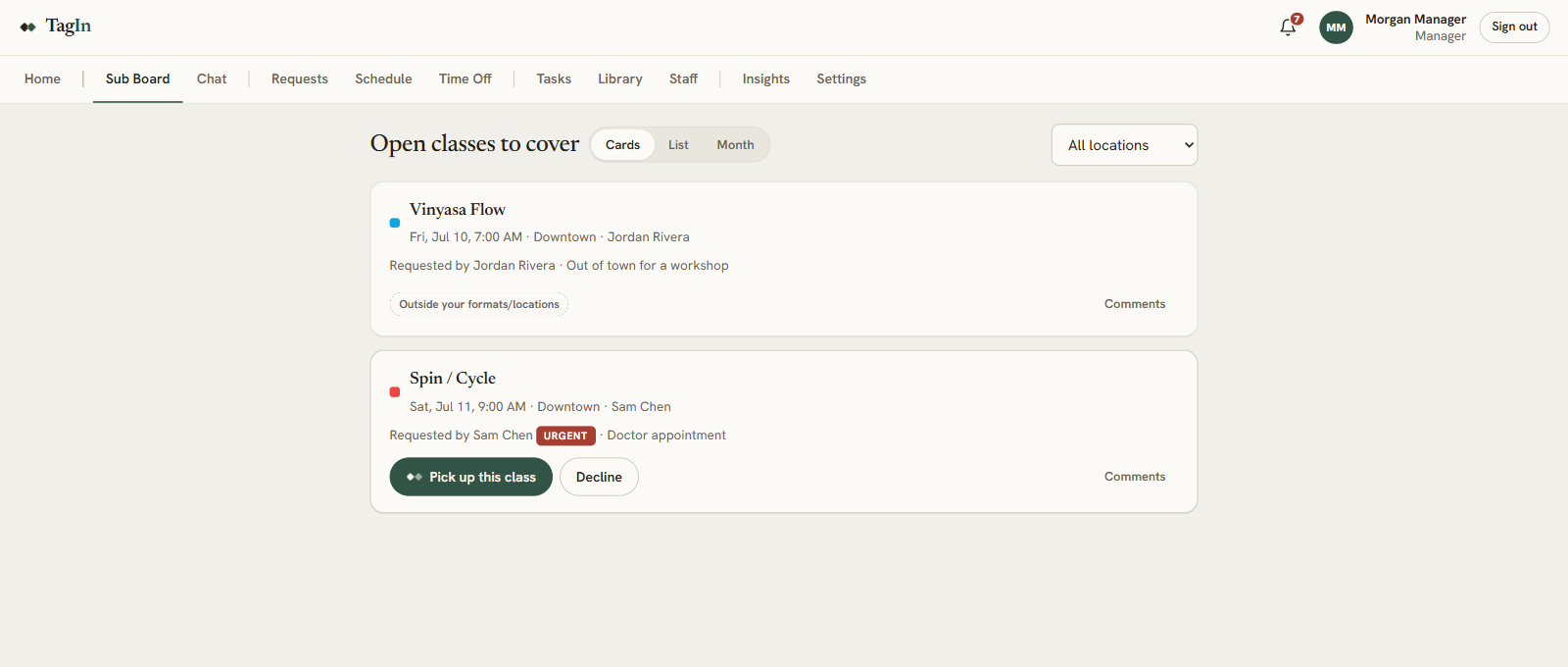 The TagIn sub board listing open classes with statuses and eligible instructor matches